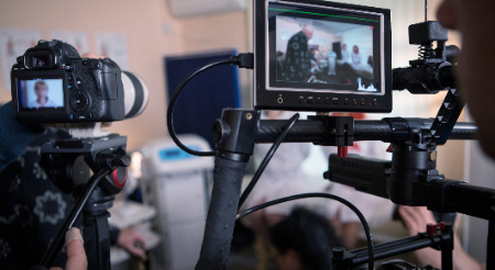Camera equipment in a media production room filming 